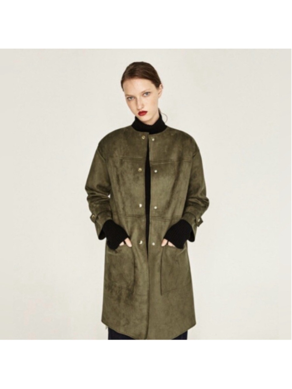 ZARA Women’s Size Medium Faux Suede Olive Green Button-Down Coat Gold Buttons